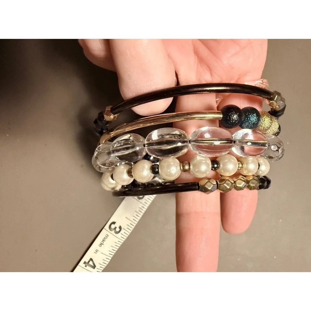 Womens Beaded Memory Wire Wrap Bracelet Black Gold Clear Faux Pearl Stacked Coil